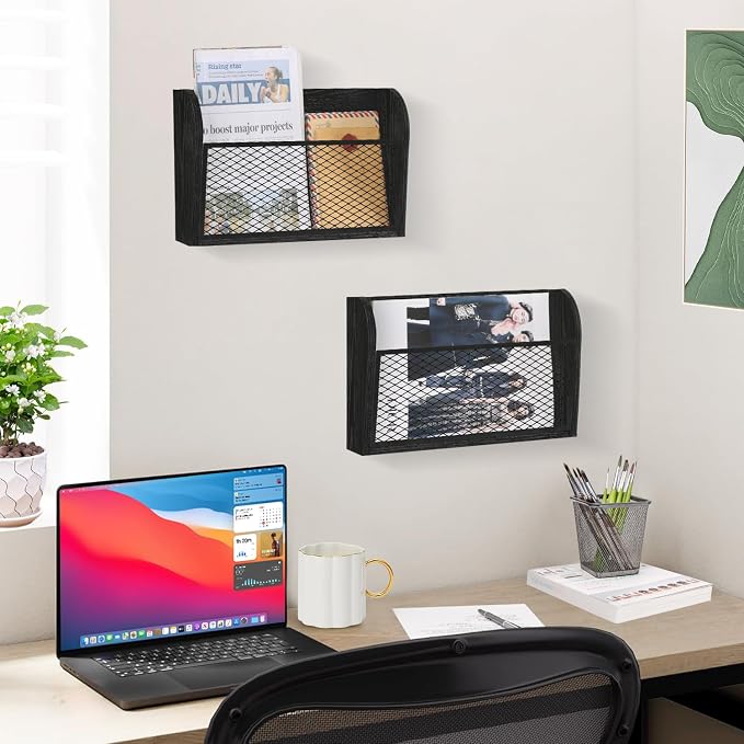 YINMIT 2 Packs Wall File Organizer, Single Pocket Wall File Holder | Wood Hanging File Organizer, Mail Holder for Wall, Wall Mount Paper Folder Rack for Office and Home, Black