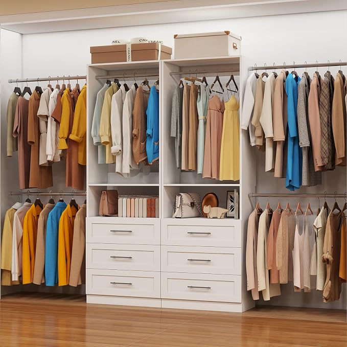 Closet System with Drawers, closet organizer system,2 Sets 4-15FT | 6 Wooden Drawers Storage, 10 Expandable Hanging Rods,Wall Mount, White