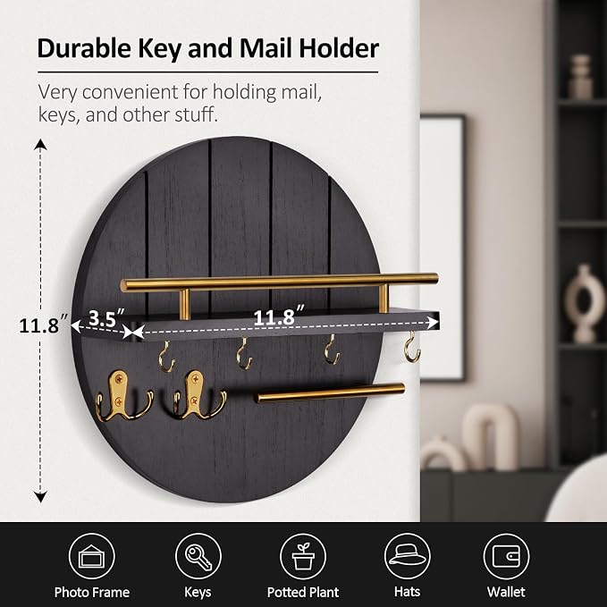 Nekon Wall Mount Key Holder, 11.8 Inch Rack With Shelf and 6 Hooks, Rustic Mail Organizer, Circular Wooden Hanger for Entryway Hallway Kitchen (Black&Gold)