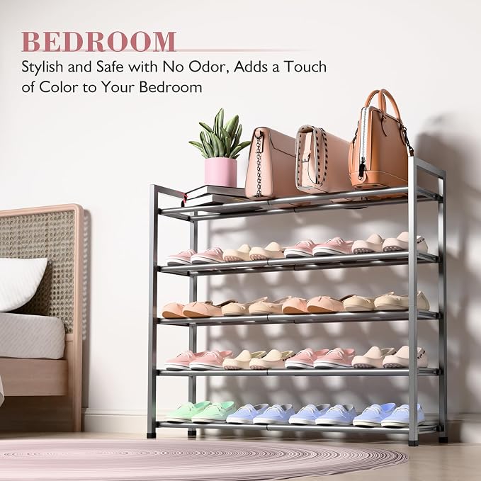 Bumusty 5 Tier Expandable Shoe Rack for Closet, Grey | 18"-33" Adjustable Shoe Rack for Entryway, Small Shoe Organizer for Dorm, Front Door, Sturdy Metal