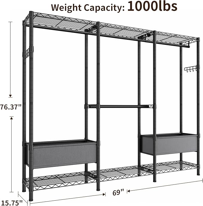Golpart Heavy Duty Clothes Rack Metal Wardrobe with Adjustable Wire Shelves | Closet Organizers and Storage Clothing Rack Metal System Freestanding Hanging Clothes System Free Standing Garment Coat Racks