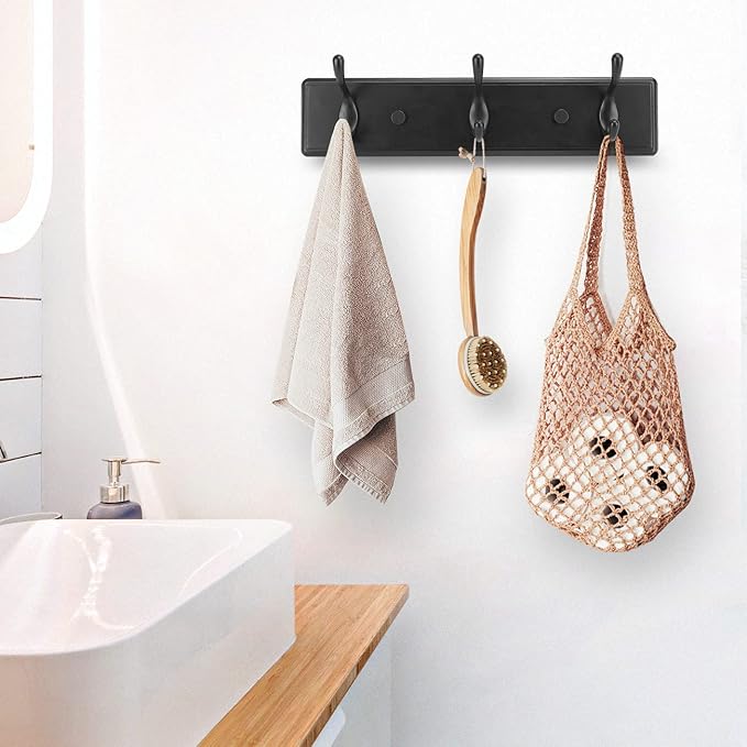 Badiano Wooden Coat Rack, Wall-Mounted Organizer for Closet, Entryway, Hallway, Foyer, Bedroom, Heavy Duty Double Hooks for Hanging Towels, Bags, Hats, Jackets, Key (Black, 3 Hooks)