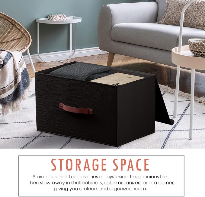 Ornavo Home 6 Pack Collapsible Storage Bins with Lid, 16.5x11.8x7.5, Black | Foldable Linen Fabric; Faux Leather Handles; Ideal Closet Organizer & Large Storage Box for Clothes and Shelves