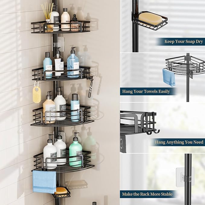 Consumest Corner Shower Caddy Tension Pole - Rustproof Shower Shelves with Towel Bar & Soap Holder, Adjustable Bath Organizer for Bathroom Storage, 27.6-108.3 inch, Black