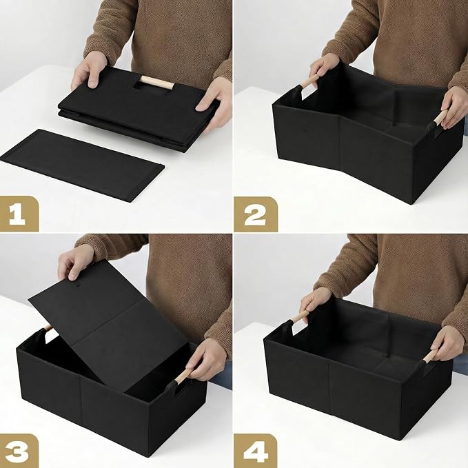 Foldable Fabric Storage Baskets Set of 2 for Shelves, Linen Decorative Storage Bins with Wooden Handles, Small Organizer Cubes for Closet, Rectangle Canvas Boxes for Organizing, Decor (Black 2 Pack)