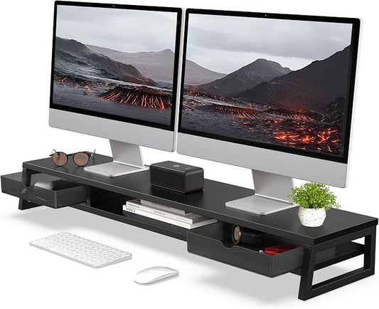 Fenge Dual Monitor Stand Riser, 42.5in Desk Shelf with 2 Drawers, Black | 2-Tier Monitor Shelf for Desk, Storage Drawer with Stopper, Frosted, fit Home Office, Ultrawide Screen, PC, Laptop, TV