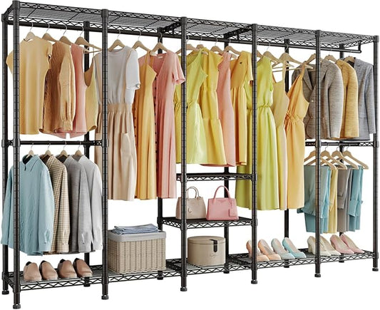 Higeego H5 Heavy Duty Clothes Rack, Black Clothing Rack for Hanging Clothes | 93.3"Wx15.7"Dx75.4"H, Large Garment Rack, Freestanding, Wardrobe Closet with Adjustable Shelf, Load 1400 lbs
