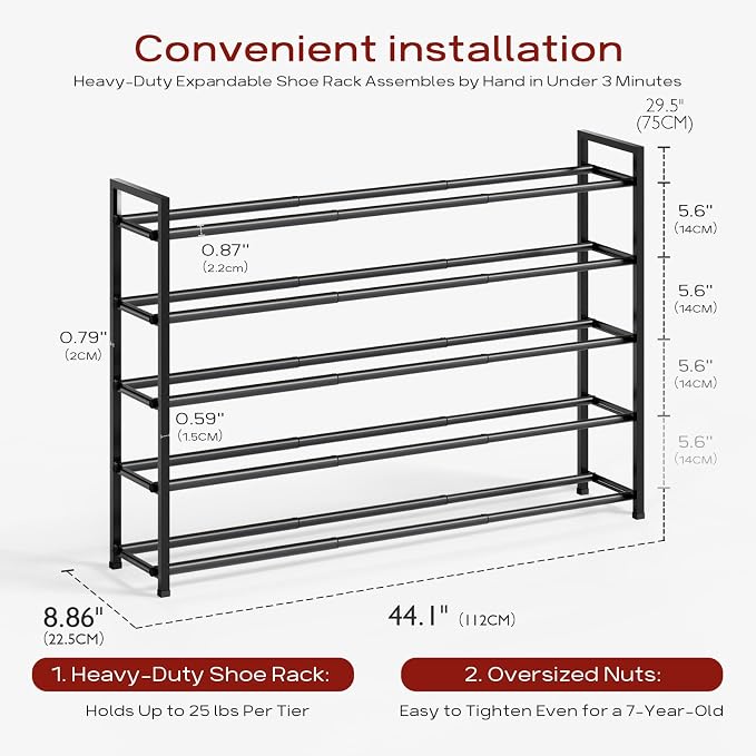 Bumusty 5 Tier Long Expandable Shoe Rack for Closet, Black | 18"-44" Adjustable Shoe Rack for Entryway, Shoe Organizer for Dorm, Front Door, Sturdy Metal