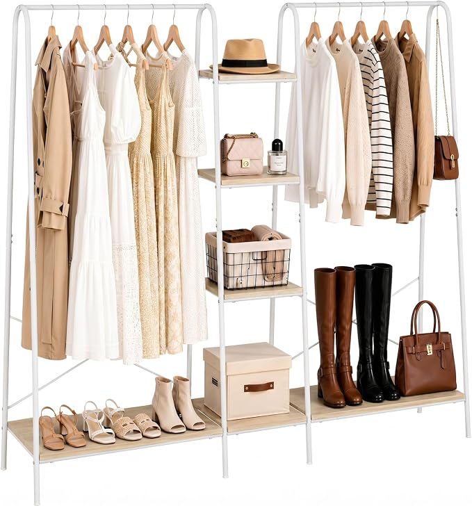 Finnhomy Clothes Rack for Hanging Clothes Freestanding Clothing Rack with 6 Wood Storage Shelves & 2 Rods Heavy Duty Garment Rack Portable Wardrobe Closet Organizer for Bedroom Closet Boutique,White