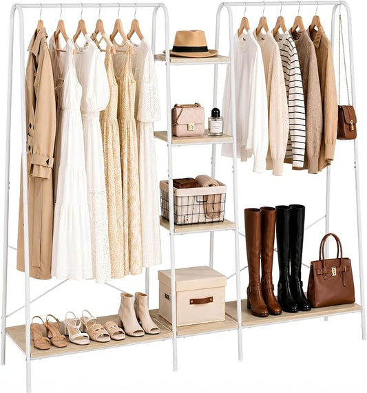 Finnhomy Clothes Rack for Hanging Clothes Freestanding Clothing Rack with 6 Wood Storage Shelves & 2 Rods Heavy Duty Garment Rack Portable Wardrobe Closet Organizer for Bedroom Closet Boutique,White