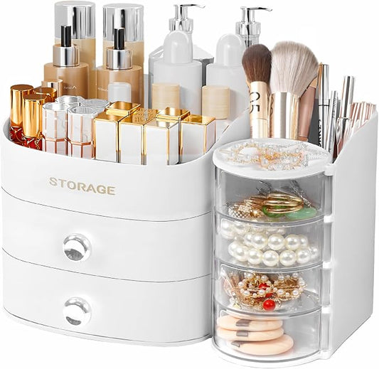 Makeup Organizer Countertop, Make Up Organizer for Vanity | Skincare & Cosmetic Organizers with Drawers, Bathroom Storage for Brush Holder|Lipstick|Jewelry, Ideal Gift for Women, White