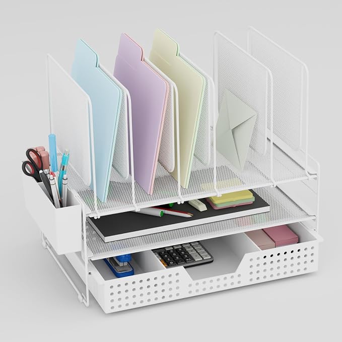 LEKETREE Desk Organizer, Office Organization with Vertical File Holder, File Organizer with Drawer and Pen Holder, Desk Accessories and Workspace Organizers for Home Office (White)