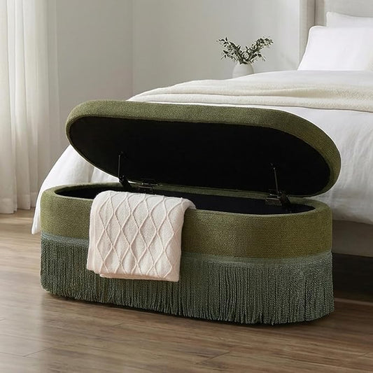 39.4“ Boho Storage Ottoman Bench with Tassels,Upholstered End of Bed Bench | Linen Oval Ottoman with Storage, Entryway Foot Rest for Bedroom, Lift-Top Lid with Safety Hinge, Living Room& Window, Green
