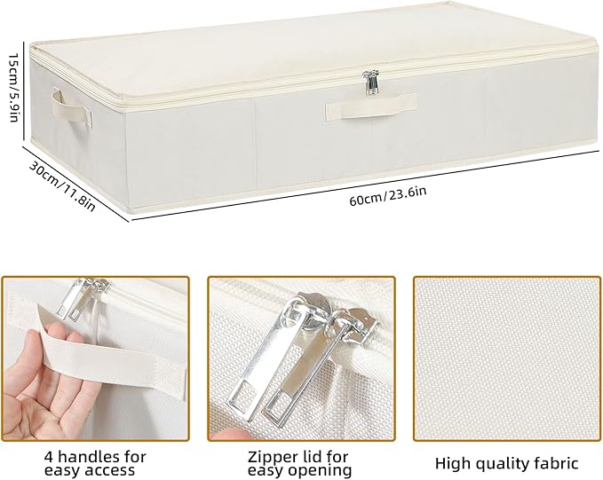 Underbed Storage Organizers,Beige,3 Pack,23.6x11.8x5.9 Inch | Under Bed Storage Container with Lids,Fabric Boxes,Drawer Organizer Bags,Foldable Baskets for Bedroom