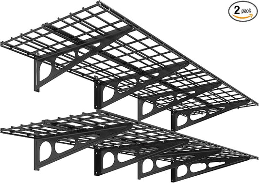 FLEXIMOUNTS 2-Pack 2x6ft Garage Shelving 24-inch-by-72-inch Heavy Duty Wall Mounted Shelves Garage Storage Rack Floating Shelves, 1400lbs Load Capacity, Black, Classic Series