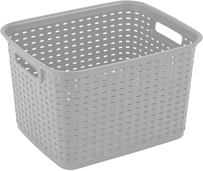Sterilite Tall Weave Basket, Rectangular Plastic Décor Bin, Gray, 6 Pack | Multi-Purpose and Decorative Organizer for Clothes, Shelves, Closets, Pantries, Living Rooms or Offices