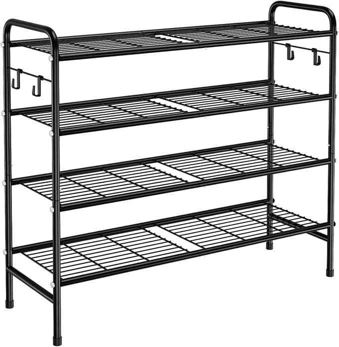 VILICK 4-Tier Shoe Rack 33" Wide Metal Shoe Organizer Long Shoe Storage with 4 Side Hooks Sturdy Shoes Shelf for Closet, Front Door Entrance, Garage, Dorm, Black