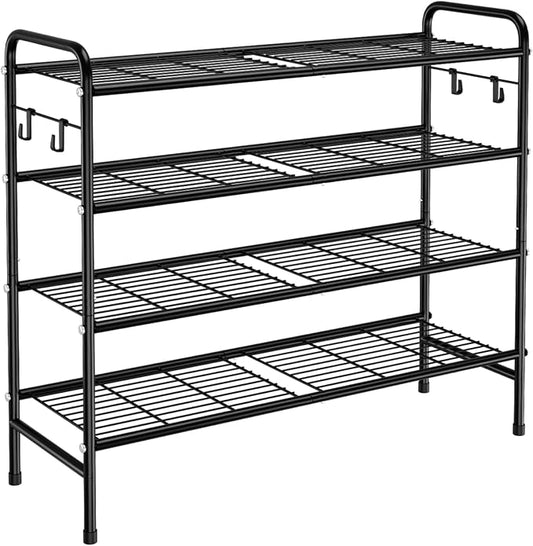 VILICK 4-Tier Shoe Rack 33" Wide Metal Shoe Organizer Long Shoe Storage with 4 Side Hooks Sturdy Shoes Shelf for Closet, Front Door Entrance, Garage, Dorm, Black