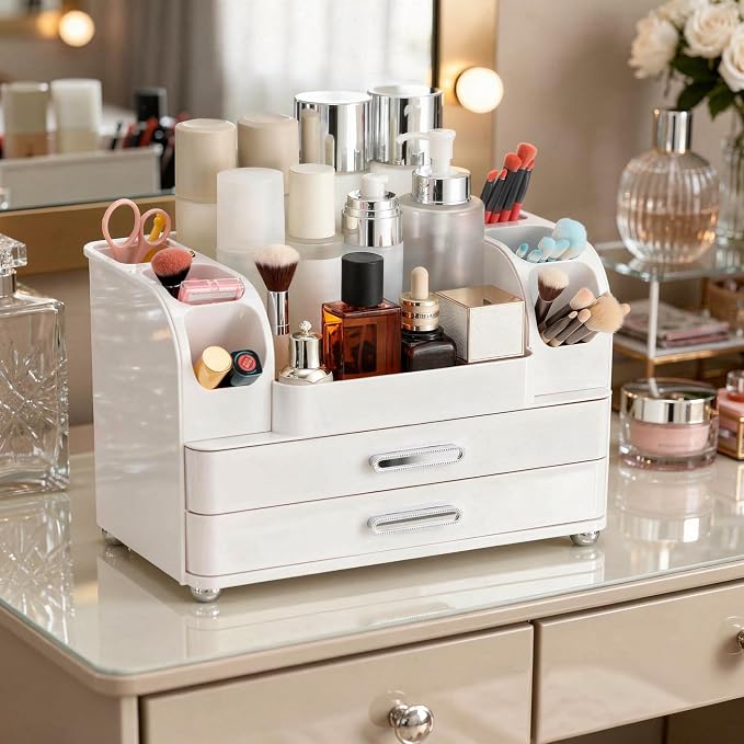 Large Makeup Organizer Countertop with Drawers, Make Up Organizer for Vanity, Makeup Storage Organizer Countertop Makeup Organizers for Skincare, All White