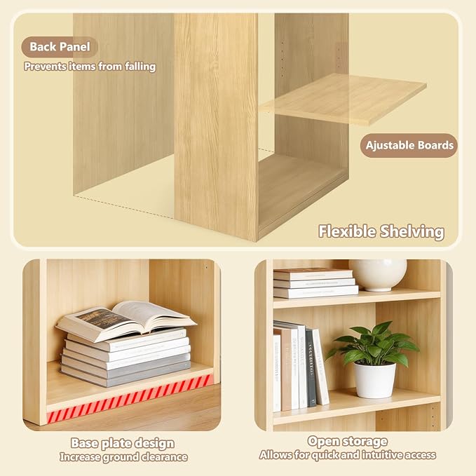 CTESNE【2026 Adjustable Shelves 5-Tier Bookcase, 71 inches, Wooden Open Display Floor Bookshelf (Oak Color)