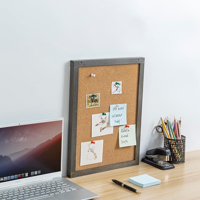 MyGift 3 Panel Gray Solid Wood Bulletin Board Set Chalkboard Cork Board | Wall Mounted Design, Mail Basket Storage, Hanging Rail, Entryway Command Center, Home Office Organization