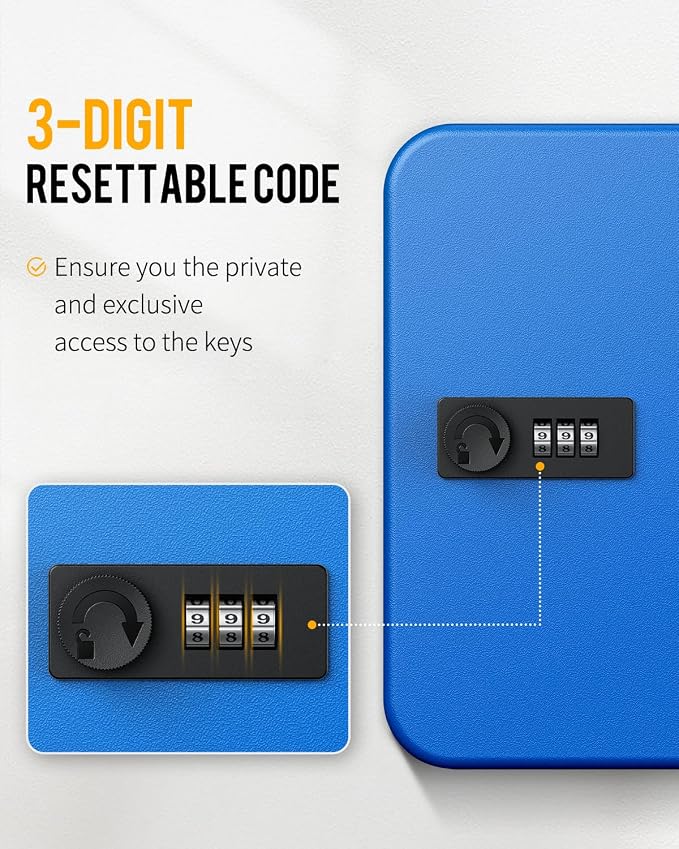 Uniclife 20 Position Key Cabinet with Combination Lock Resettable Blue Digital Security Storage Box Steel Key Organizer with Colorful Key Tag Labels Stickers and Hooks