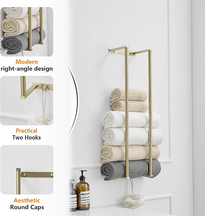 BWE Brushed Gold Towel Racks for Bathroom 28" Towel Holder for Rolled Towels