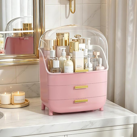 Vtopmart 3-Tier Skincare Makeup Organizer with Lids, Pink | With Drawers and Lid, For Vanity and Bathroom Countertop, Large Cosmetic Storage Box Case for Dresser, With Non-Slip Base