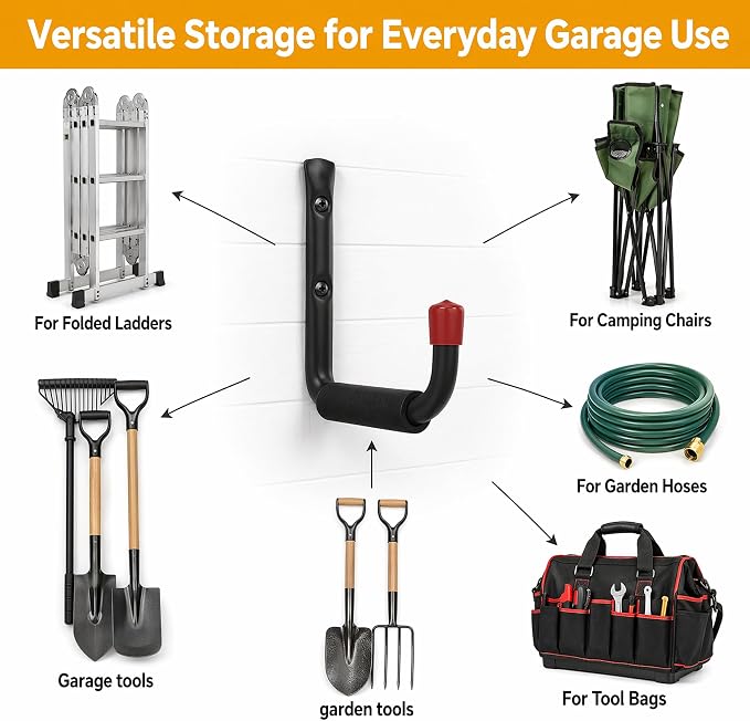 6 Pack Garage Hooks Heavy Duty, Utility Steel Hooks with EVA Foam Padding, 4.64inch Wall Mount J Organizer Hanger for Hanging Bikes Kayak Garden Tool Hose Bike Shelf