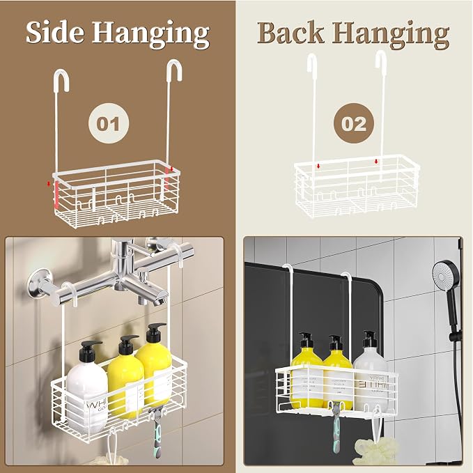 DELLAN Hanging Shower Caddy, Shower Rack Hanging for Bathroom, White | Shower Rack with Hooks Over the Door, Bathroom Shower Caddy and Basket