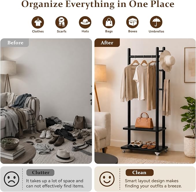 Taitiy Coat Rack Solid Wood Stand Storage 2 Shelves 4 Hooks Black | Entryway hallway bedroom office, durable wood construction, freestanding design, coats hats bags storage