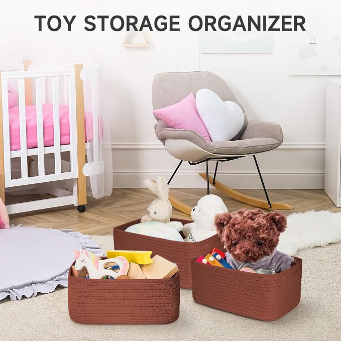 3-Pack Shelf Baskets for Organizing, Closet Organizer Bins, Small Woven Baskets, Rope Toy Basket, Storage Basket for Shelves, Cube Decorative Box, 11.8×7.8×5.1”, Oxide Red