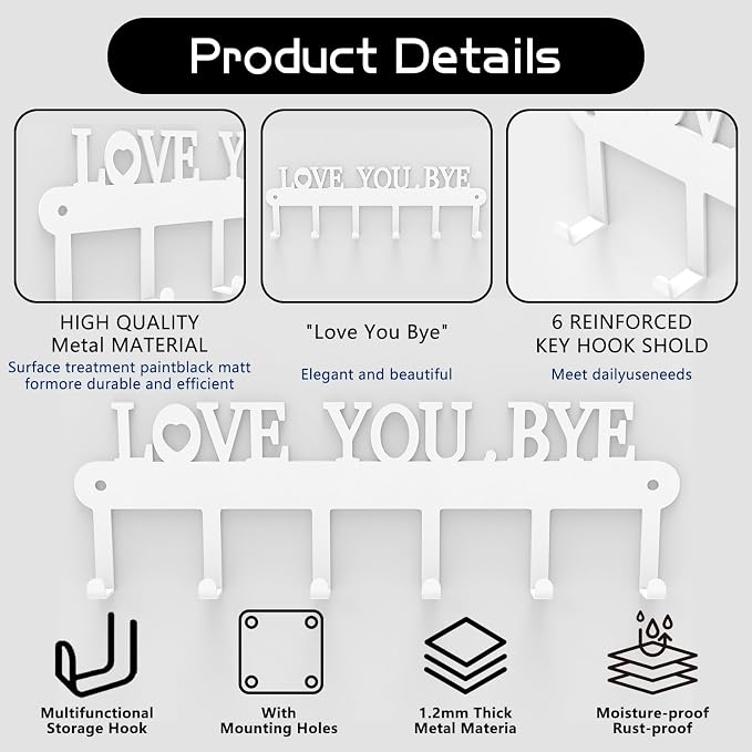 Key Holder for Wall - 'Love You Bye' Key Hooks, White, 6 Hooks | Key Holder Wall Mount Self Adhesive, Key Rack Wall Mount for Wall No Drill for Living Room, Kitchen, Bathroom, Garage