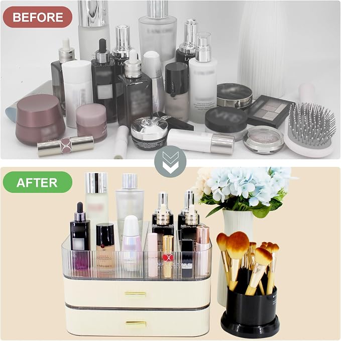 Makeup Organizer with 2 Drawers, Cosmetics Organizer for Bedroom and Bathroom Vanity Countertops, Large Capacity Cosmetic Storage Box for Skincare Cream Perfume Lipstick Dresser Counter-White