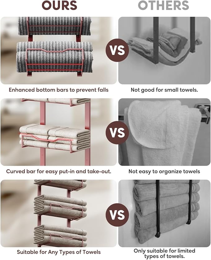 Aetyord Hanging Towel Racks for Bathroom Storage | 6-Tier Over The Door Bath Towel Storage Organizer with Metal Shelf Basket for Small Bathrooms RV Camper Rose Gold