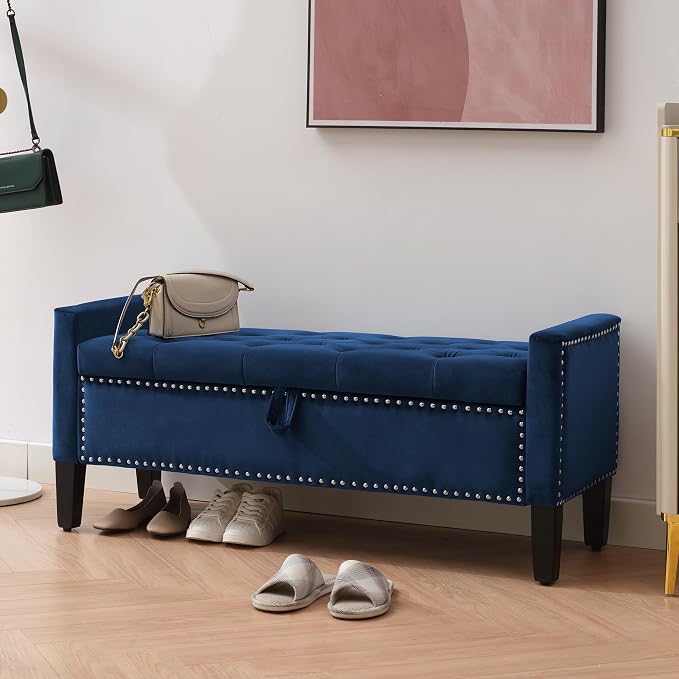 Velvet Storage Ottoman Bench, 46'' Upholstered Button Tufted End of Bed Bench, Modern Entryway Ottoman Bench with Arms, Blue