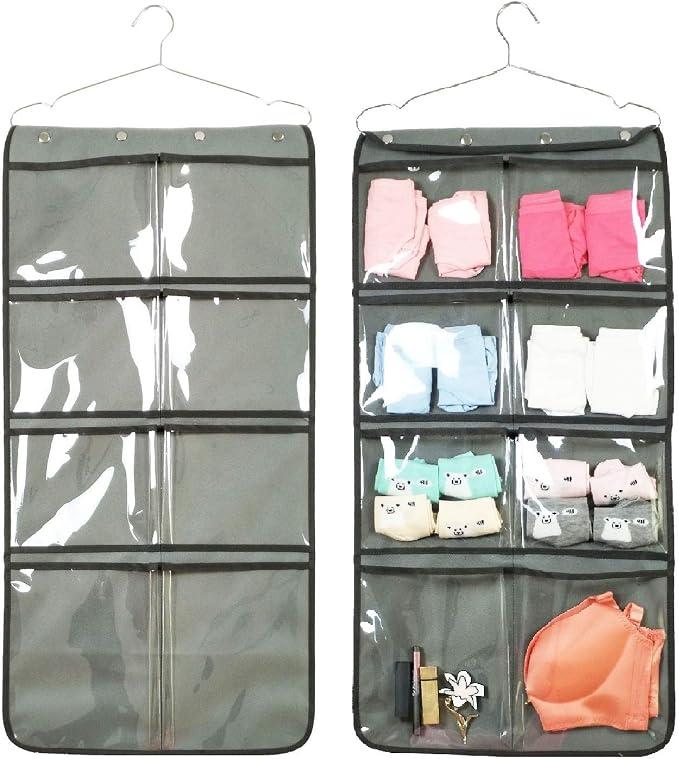 NIMES Durable Hanging Closet Underwear Sock Bra Stocking Organizer Dual-Sided Accessories Storage with 16 Large Clear Pockets (Grey)