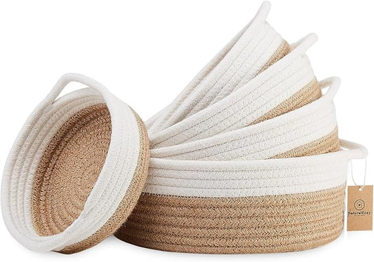 5-Piece Round Woven Cotton Rope Storage Baskets for Organizing, Small Shallow Nesting Set for Montessori Toys, Entryway Catchall, Fruit Bowl, Key Tray, Remote Holder, Nursery & Pet Toys