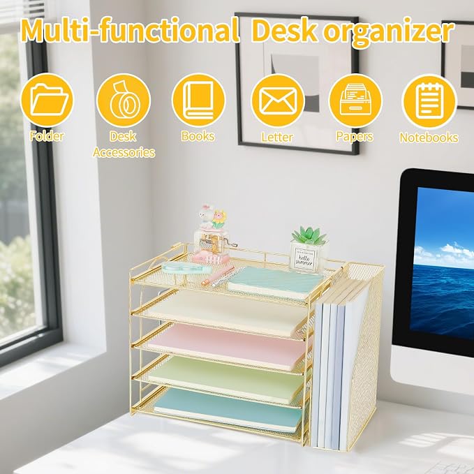 AUPSEN Gold Desk Organizers and Accessories, 5-Tier Desktop Paper File Organizer with Removable File Holder, Desk Accessories & Workspace Organization for Home Office Supplies (Gold)