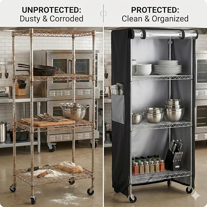 Wire Shelving Storage Cover Waterproof Dustproof Clear Window 600D 36x18x72 | garage kitchen basement storage, protects items from dust dirt and moisture, easy maintenance