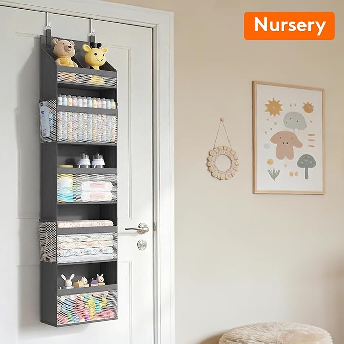 Lifewit 5 Tier Over the Door Diaper Organizer for Nursery, Large Heavy Duty Hanging Storage with 4 Mesh Side Pockets, Sturdy Back of Door Shelf for Baby Stuff Toy in Pantry, Laundry, Bathroom, Gray