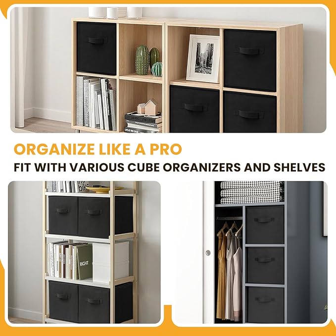 Large Storage Cubes- 13 Inch Cube Storage Bins for Organizing Shelves Kallax - Nursery Closet Organization Bins for Clothes Blanket - 10 Pack Collapsible Decorative Storage Box for Magazines (Black)