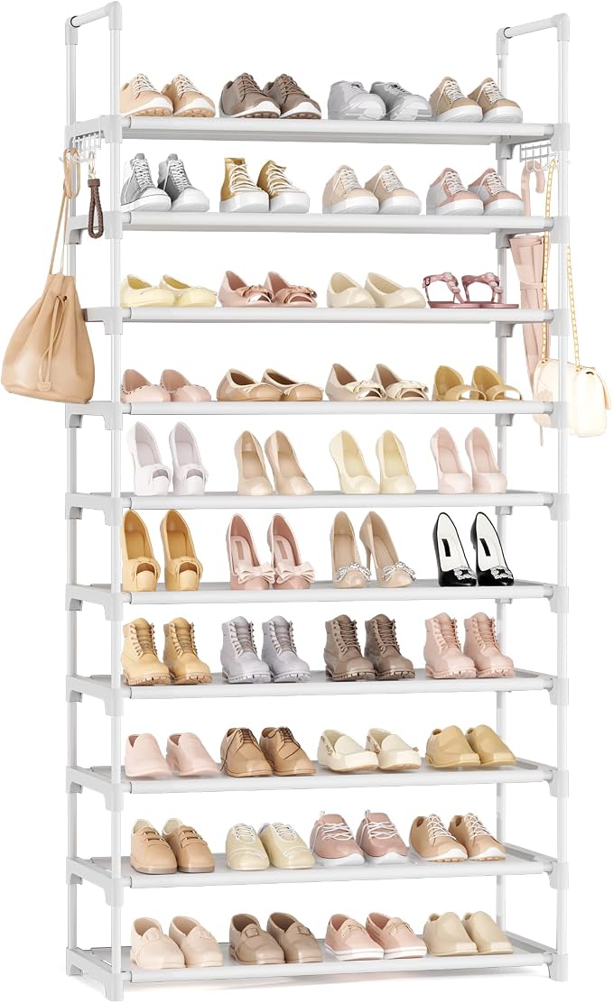 LANTEFUL Upgraded Shoe Rack for Closet Large Capacity 10 Tier Shoe Storage Holds 40–50 Pairs Sturdy Shoe Organizer with 10 Hooks for Entryway, Bedroom, Garage, White
