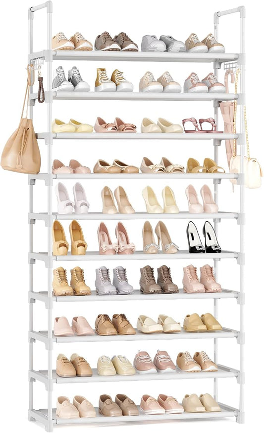 LANTEFUL Upgraded Shoe Rack for Closet Large Capacity 10 Tier Shoe Storage Holds 40–50 Pairs Sturdy Shoe Organizer with 10 Hooks for Entryway, Bedroom, Garage, White