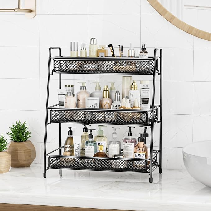 EKNITEY Bathroom Countertop Organizer Rack - 3 Tier Counter Spice Rack | Metal, Non-Slip Base, Makeup Rack, Small Coffee Station Organizer, for Sink Bedroom Kitchen Living room