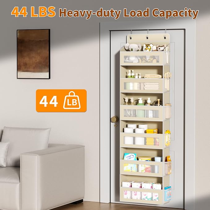 AQOOA 6-Tier Over The Door Organizer 44 lbs Capacity fit Standard Doors | Over the Door Storage 6 Large 12 Side Pocket Behind Door Storage, Closet Door Organizer Hanging Shelf, Beige