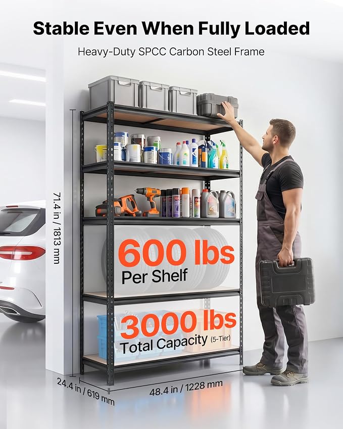 VEVOR Storage Shelves, 5-Tier Adjustable, 3000 lbs Capacity Heavy Duty | Storage Shelving Unit, Metal Utility Rack Shelf, Ideal for Garage Workshop Warehouse Basement, 48.35" W x 24.37" D x 71.38" H