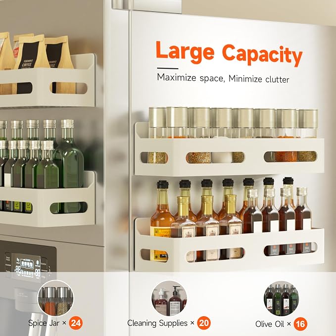 Sevenblue 6-Pack Magnetic Spice Rack for Refrigerator with Hooks, White | Strong multipurpose magnetic shelf for kitchen & bathroom organization. Includes 4 removable hooks for hanging items.