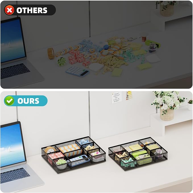 Marbrasse 2 Pack Desk Drawer Organizer, Mesh Drawer Organizer Tray with 8 Adjustable Compartments, Desk Organizers and Accessories, 5 Dividers Drawer for Office Supplies, Makeup & Vanity (Black-2P)