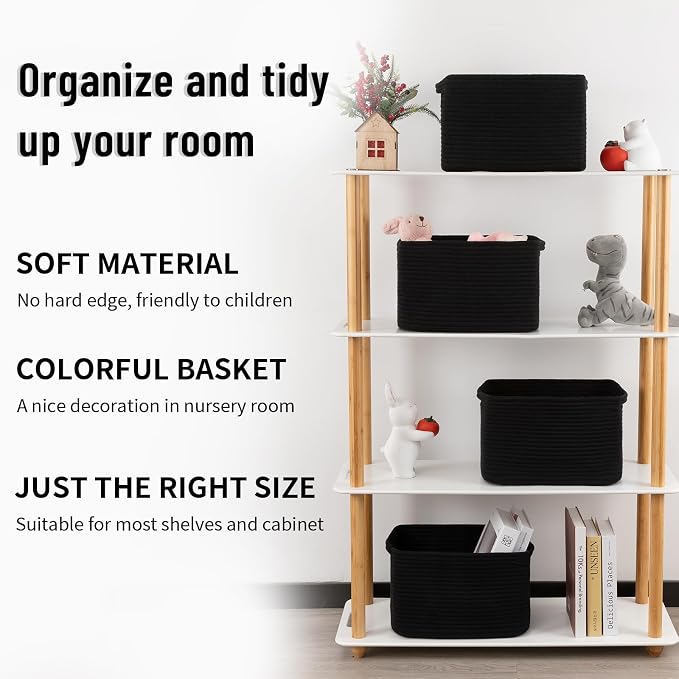 4 Pack Storage Baskets for Organizing Toys, Towels, and Clothes, Woven Basket for Shelves, Sturdy Nursery Cube Bins for Storage, 13''L x9''W x7.8''H, Black